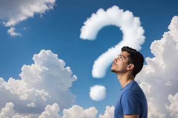 Hispanic man gazing up at cloud shaped like question mark