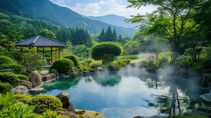 Obraz premium A serene hot spring in the mountains of Japan, with detailed steam rising from the water and lush green surroundings.