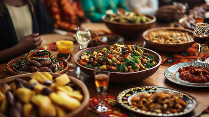 A festive Kwanzaa gathering featuring traditional dishes and celebratory drinks in a warm setting
