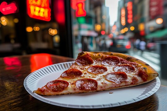 A Classic Pepperoni Pizza Slice, Served on a Paper Plate in a Bustling New York City Pizzeria With Neon Signs and Crowded Streets, Food Photography, Food Menu Style Photo Image