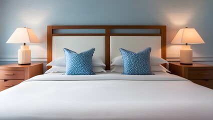 A bedroom with a blue wall and a white bed with a wooden headboard. The bed is made with white sheets and has blue pillows. There are two nightstands on either side of the bed, both with a lamp.
