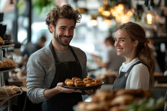Handsome friendly male waiter serving some pastry to female customer, woman sitting in cafe or coffeeshop, Generative AI
