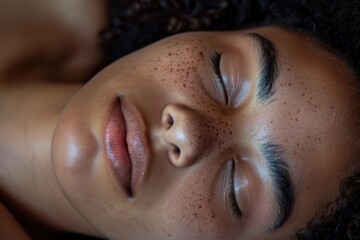 Fototapeta premium A close-up shot of a woman's face with distinctive freckles, great for personal or professional use