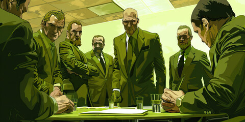The Olive Crime Ring: A network of criminals, each wearing olive green suits, gathering around a conference