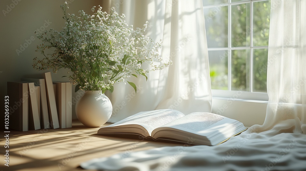 Poster serene 3d rendering of an open book on a minimalistic background with gentle shadows and a soft colo