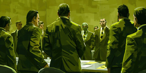 The Olive Crime Ring: A network of criminals, each wearing olive green suits, gathering around a conference