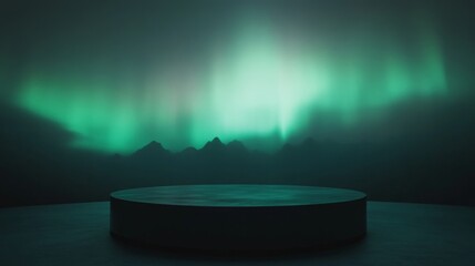 A circular platform is in the foreground, lit by a soft glow. The background is a hazy, green sky with the aurora borealis visible.