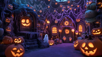 Fototapeta premium Whimsical Halloween grotto with cobwebs, glowing pumpkins and friendly ghosts
