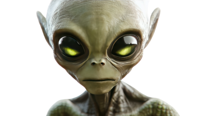 Happy green alien monster character in a cute cartoon style, featuring a smiling face with frog and turtle elements, isolated on a white background