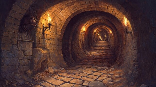 Complex underground tunnels with stone walls and flickering torches