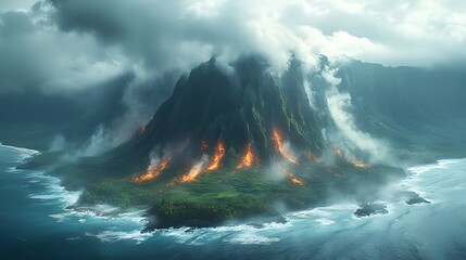 Naklejka premium An aerial view of a volcanic island with lava flowing down the side, surrounded by clouds and ocean.