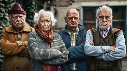 A group of older adults stand together, united in their age and experience