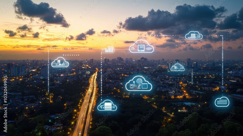 Poster a cloud storage system with icons representing user collaboration, seamless file sharing between dev