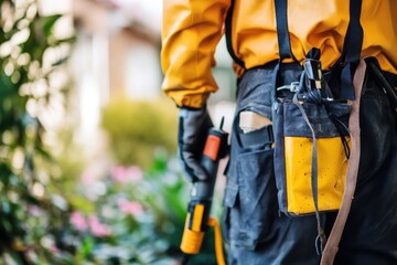 Close-up of a worker's hands holding pest control equipment near a home garden