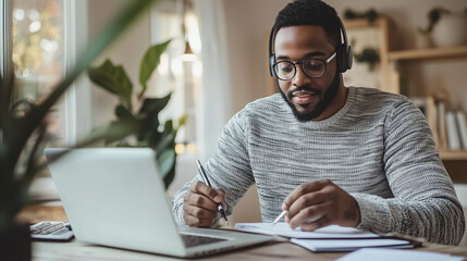 Remote recruiter interviewing a candidate through a video call, sitting at home with notes and a headset on photo