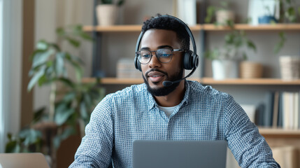 Remote recruiter interviewing a candidate through a video call, sitting at home with notes and a headset on photo