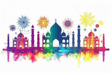 A colorful building with vibrant fireworks exploding in the night sky, great for celebrations and events