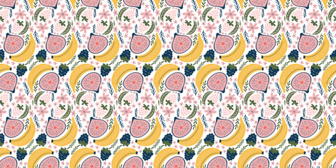 Delightful seamless pattern with bananas, figs, blackberries, white strawberries, pink flowers, and green leaves. Created in a modern, organic vector style with flat colors and a playful, whimsical