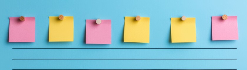 Pink and yellow sticky notes pinned on a blue background with lines