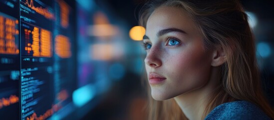 A young woman with blue eyes looks intently at a computer screen filled with code and data, with an orange and blue glow emanating from the screen.