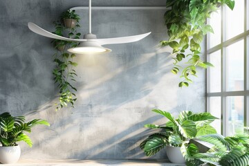 A cozy indoor garden with lush green plants and a ceiling fan providing gentle air circulation