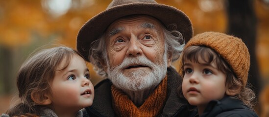 A grandfather and two children look up at the sky together in an autumn forest.
