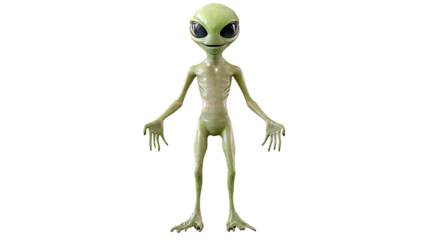 Happy green alien monster character in a cute cartoon style, featuring a smiling face with frog and turtle elements, isolated on a white background