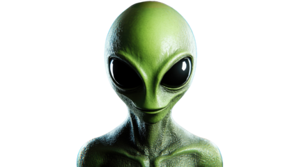 Happy green alien monster character in a cute cartoon style, featuring a smiling face with frog and turtle elements, isolated on a white background