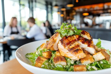 A Crisp Caesar Salad With Grilled Chicken and Croutons, Served in a Modern Bistro With Industrial Decor, Food Photography, Menu Style Photo Image