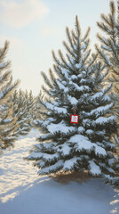 Fototapeta premium Snowy Christmas tree with tag on a tree farm
