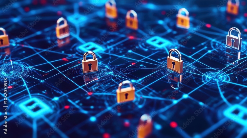 Poster a flowing network grid with encrypted locks and keys, visualizing cybersecurity data protection and 