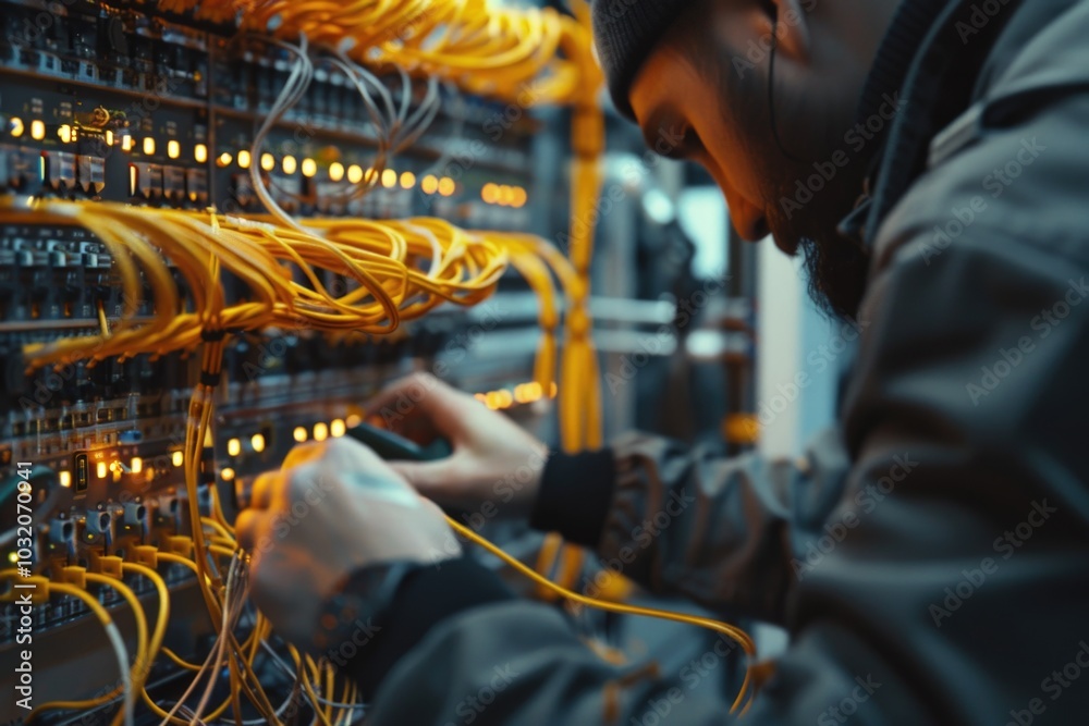 Poster man works on computer in a server room with racks and cables