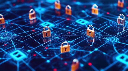 A flowing network grid with encrypted locks and keys, visualizing cybersecurity data protection and decryption technologies.