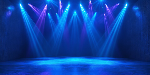 Blue neon stage with searchlight beams in an abstract corridor.