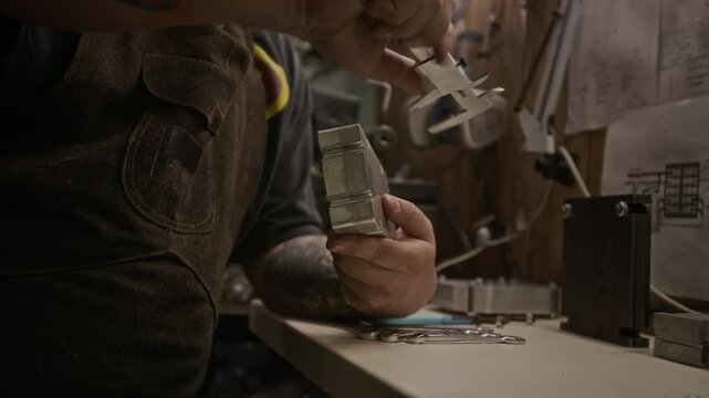 Medium tilting closeup of tattooed arms and face of young Caucasian male factory technician in apron matching parts of newly cut prototype of metal cast for plastic extruder, measuring with caliper
