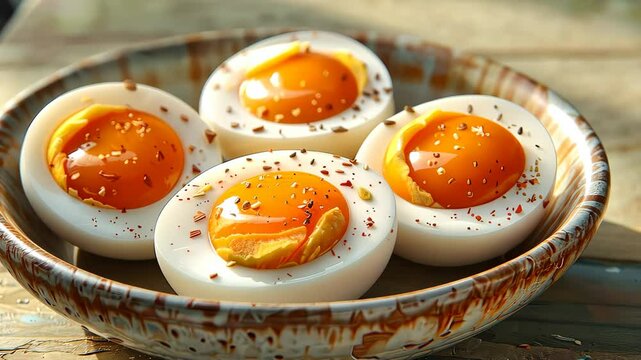 Boiled eggs with runny yolk garnished in ceramic bowl, culinary presentation. Breakfast and food styling concept.