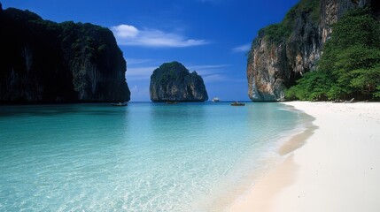 Fototapeta premium A serene Thai beach with crystal-clear waters, detailed white sand, and tropical foliage.