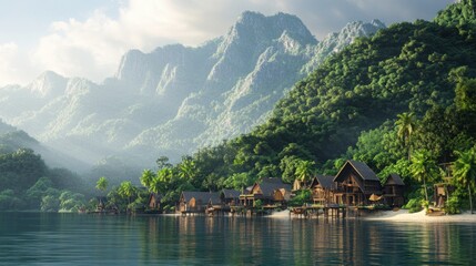 Fototapeta premium A serene Thai village by the water, surrounded by detailed tropical forests and mountains.