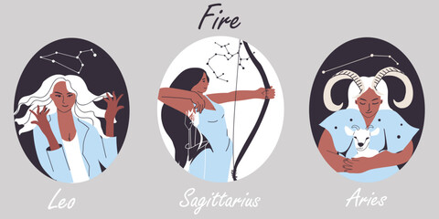 Astrological element fair zodiac signs vector illustration. Set of horoscope icons: Leo, Sagittarius, Aries. Astrology women fashion symbols, women, girls. Hand raw vector flat vector illustration.