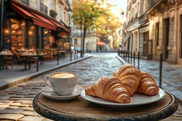 A Freshly Baked Croissants Served With Coffee on a Small Café Table Outside a Parisian Bakery, Bakery Breakfast Photography, Breakfast Bakery Menu Style Photo Image