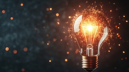 A glowing light bulb with sparks in a minimalist flat design, symbolizing creativity, with a blank space for inserting ideas or messages