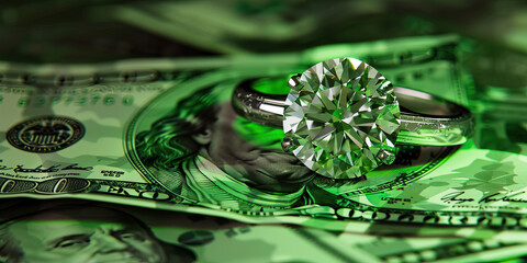 A diamond ring, glinting green under blacklight, lying next to a pile of counterfeit money.