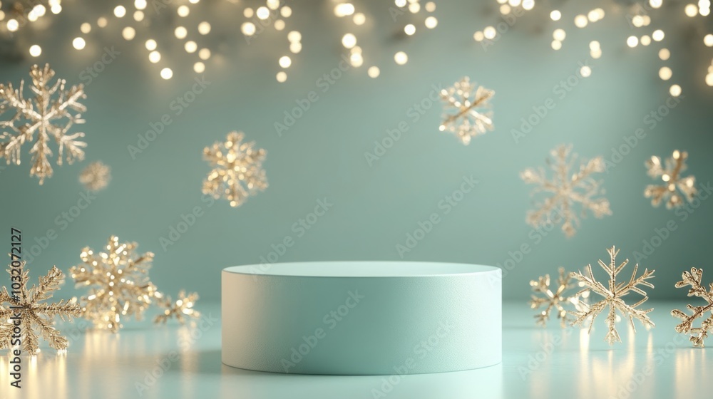 Poster delicate snowflakes drift around a soft blue circular platform, illuminated by twinkling lights that