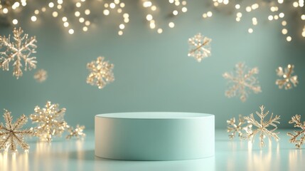 Delicate snowflakes drift around a soft blue circular platform, illuminated by twinkling lights that enhance the tranquil winter ambiance, inviting a sense of festive cheer and celebration.