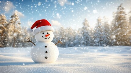 Obraz premium A joyful snowman with a big red Santa hat, waving cheerfully in a snowy landscape, surrounded by winter magic, 3D illustration.