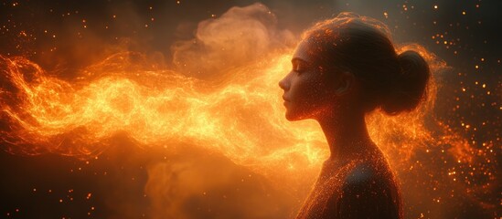 A woman engulfed in flames, a metaphorical representation of strength, resilience, and transformation.
