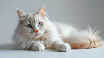 **Adobe Stock Description:**
"An elegant white Persian cat lounging on a smooth, snow-white surface. Fully visible and looking directly at the camera, her enchanting sky-blue eyes exude special charm.