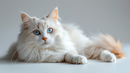 An elegant white Persian cat lounging on a smooth, snow-white surface. Fully visible and looking directly at the camera, her enchanting sky-blue eyes exude special charm. 