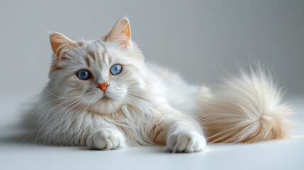 An elegant white Persian cat lounging on a smooth, snow-white surface. Fully visible and looking directly at the camera, her enchanting sky-blue eyes exude special charm. 