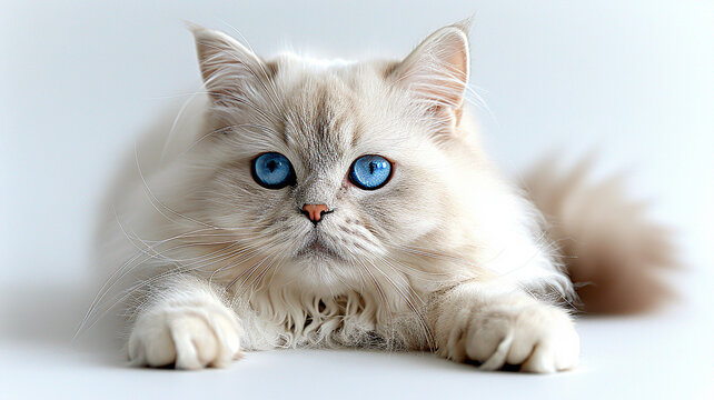 An elegant white Persian cat lounging on a smooth, snow-white surface. Fully visible and looking directly at the camera, her enchanting sky-blue eyes exude special charm.  - Powered by Adobe